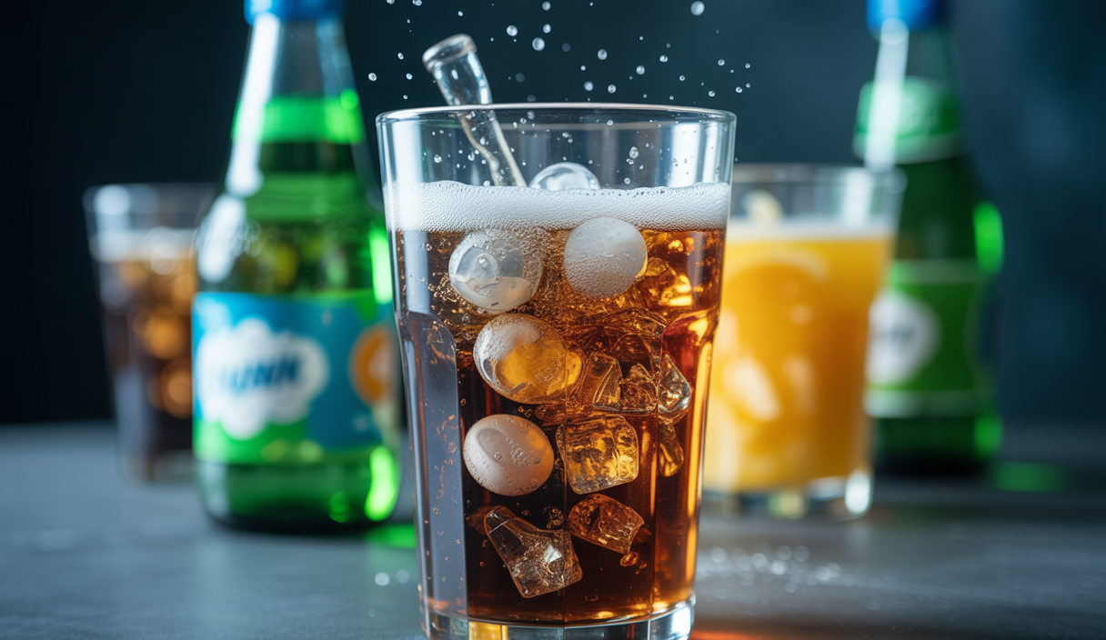 Illustration d'un squelette humain émergent d'une boisson gazeuse, accentuant les risques pour les os.