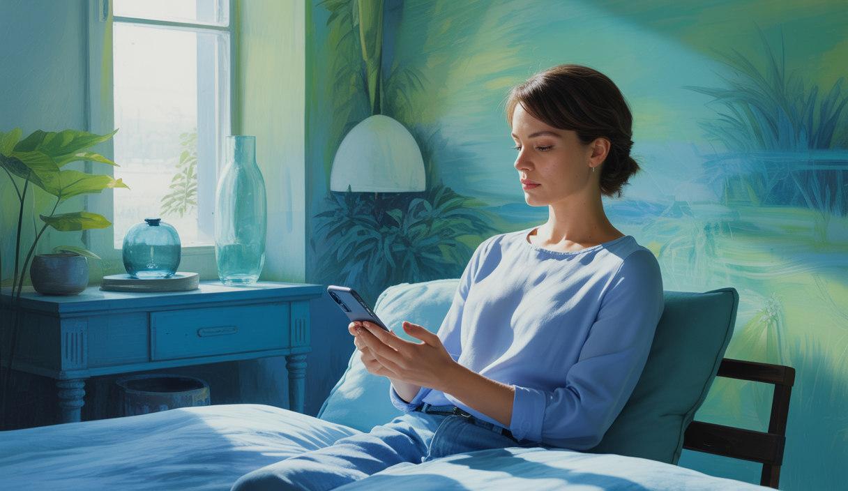 Une personne sereine avec un smartphone éteint, symbolisant l'amélioration de la santé mentale