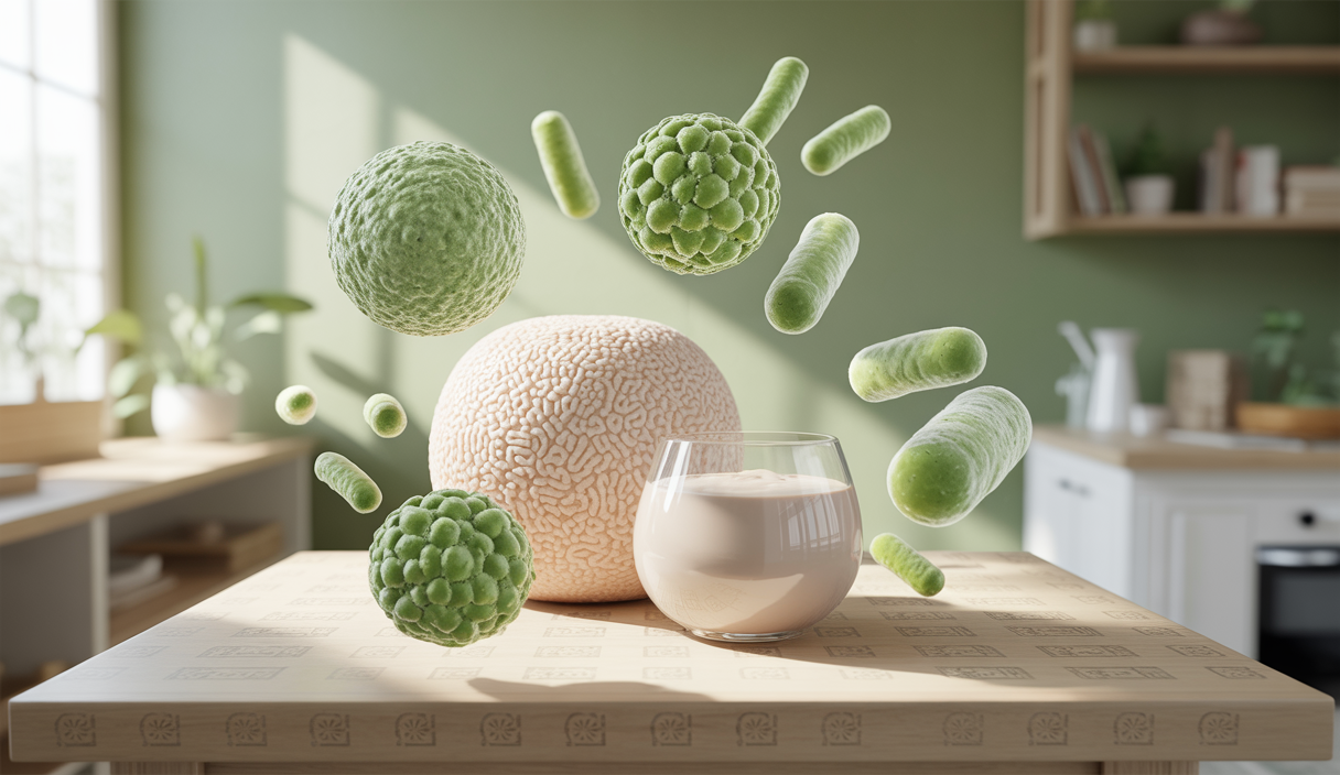 Une composition visuelle de produits laitiers fermentés mettant en avant leurs bienfaits pour la santé