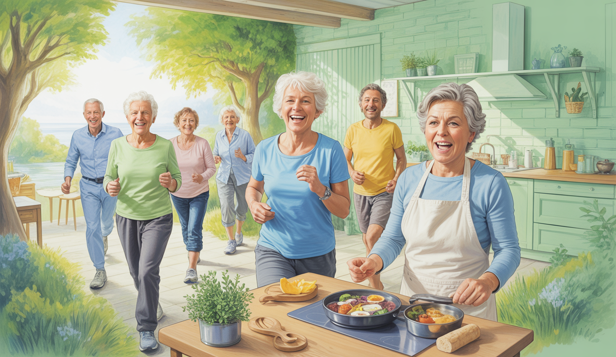 Illustration inspirante montrant des seniors engagés dans des activités saines
