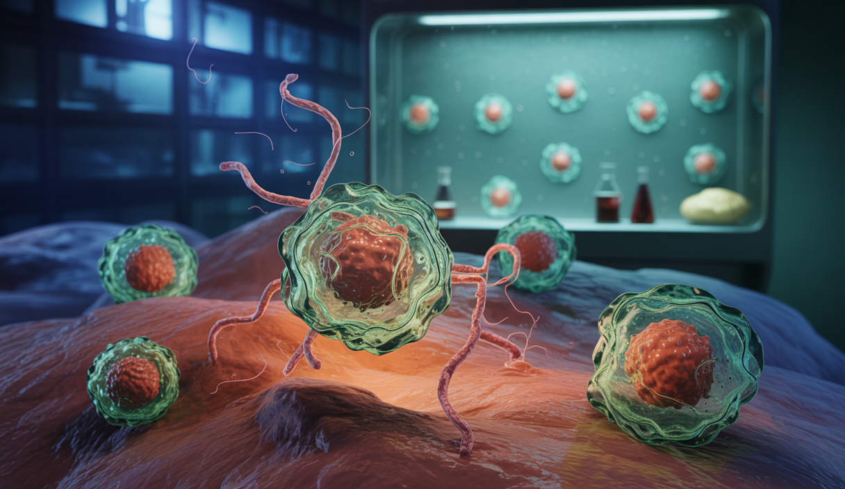 Représentation artistique de la sénescence cellulaire et de l'inflammation chronique