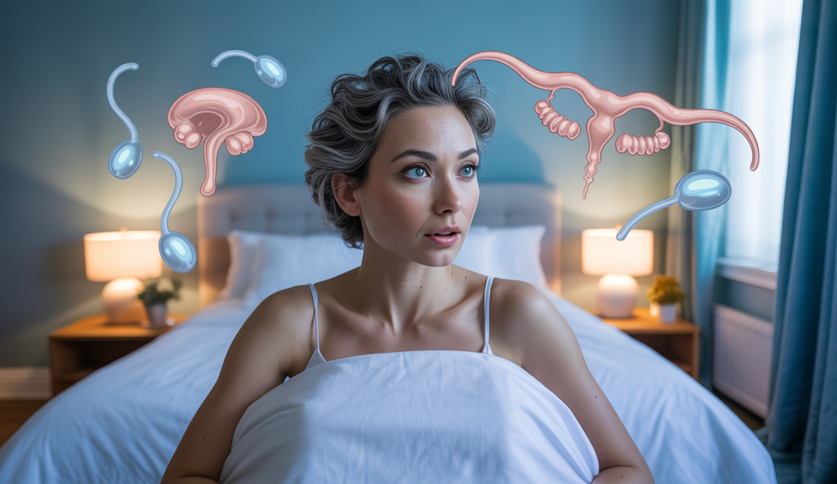 Illustration d'une femme reposant paisiblement dans un lit, entourée d'éléments symbolisant l'équilibre hormonal et la nécessité d'un sommeil prolongé pour la santé féminine.