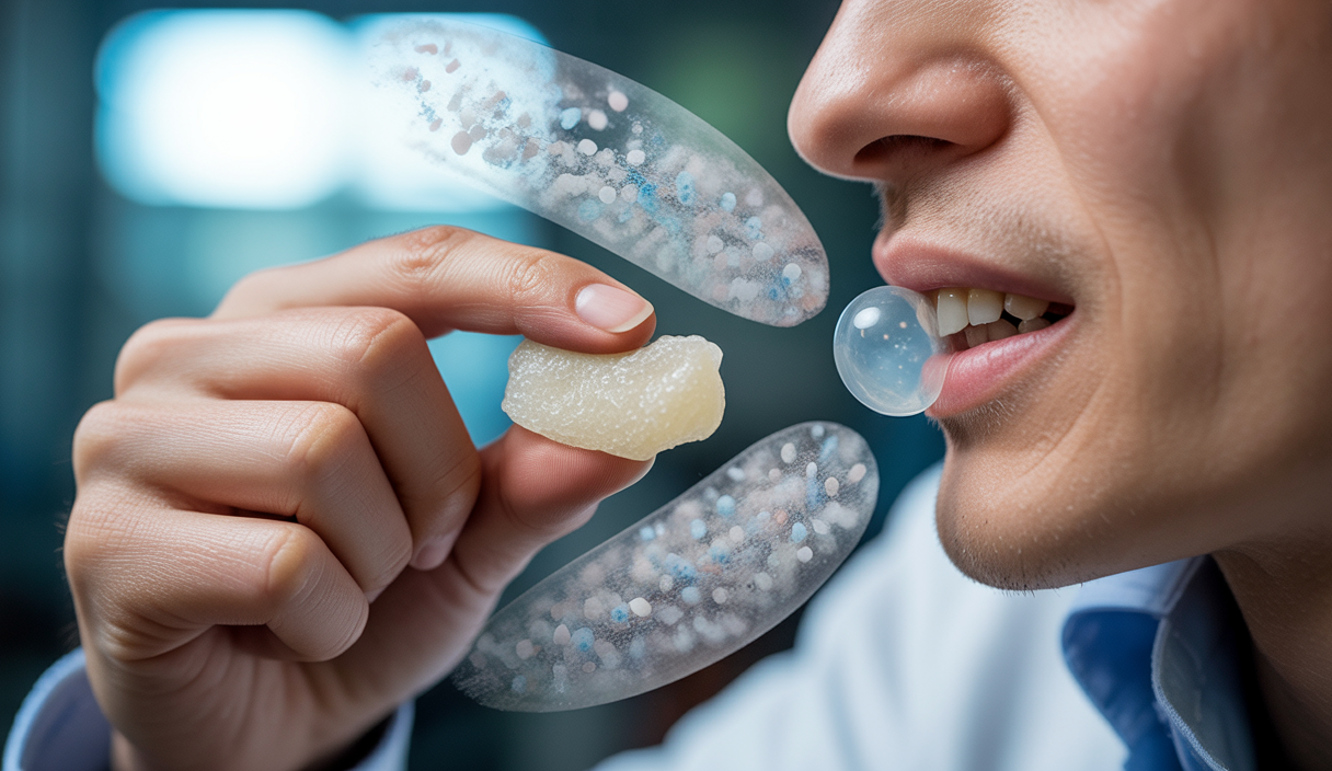 Gros plan sur une main tenant un chewing-gum avec des particules microscopiques flottant autour, illustrant la contamination par des microplastiques dans la salive