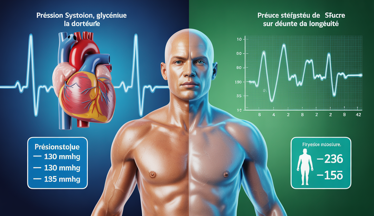 Infographie illustrant l’impact de la pression artérielle, de la glycémie et de la réduction du sucre sur la longévité et la santé métabolique