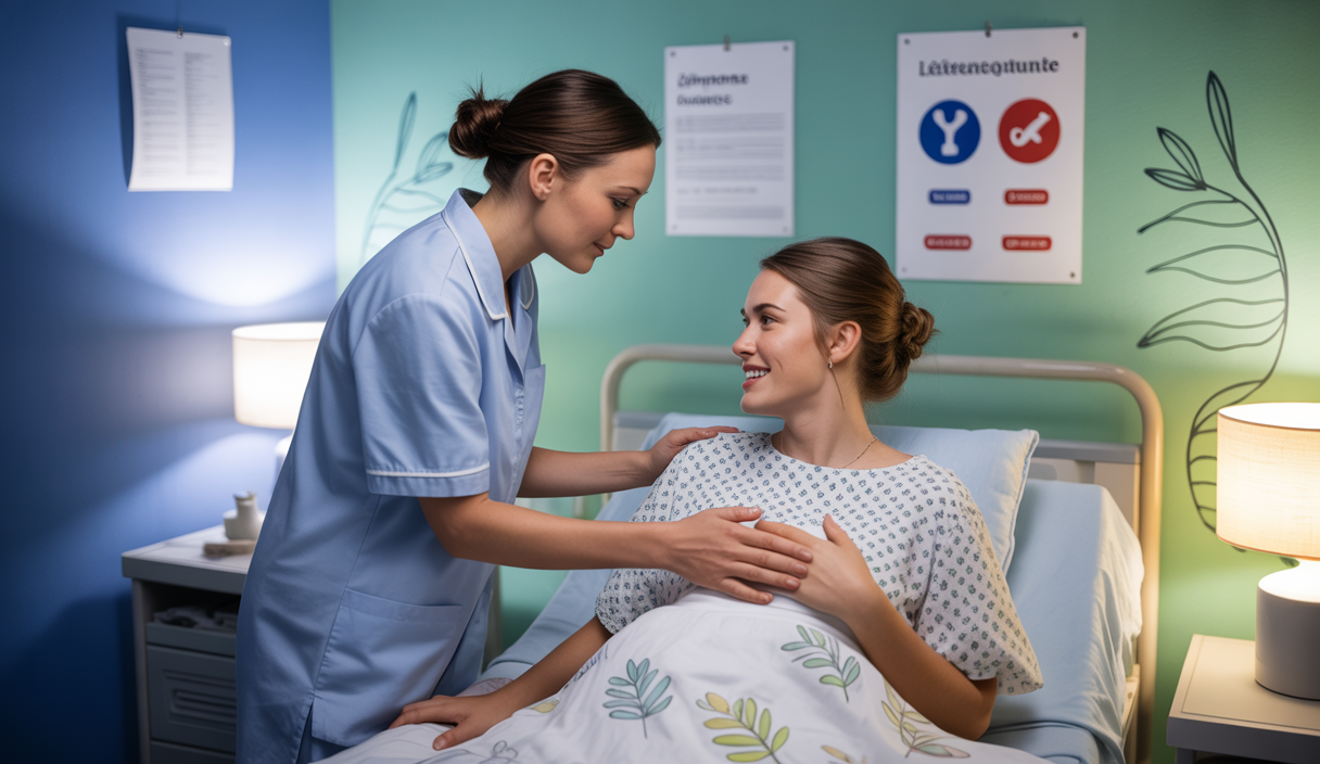 Une scène illustrant la prévention des complications postpartum avec une interaction médicale attentive.