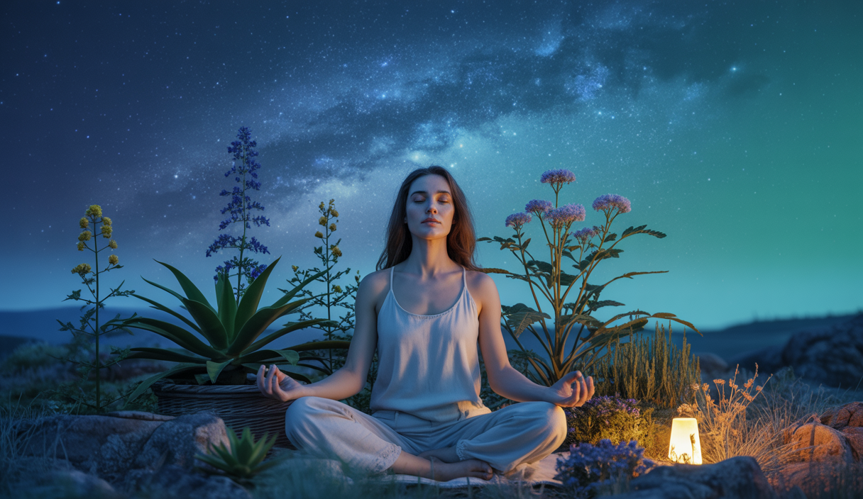 Femme méditant paisiblement sous un ciel étoilé, entourée de plantes apaisantes