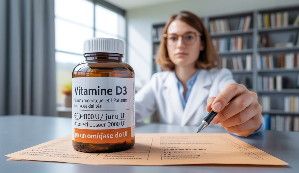 Flacon de vitamine D3 avec instructions de dosage prudent et conseils d'experts pour éviter le surdosage
