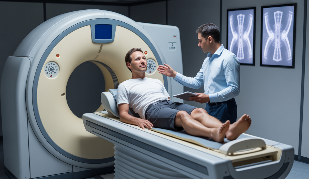 Scanner CT médical avec représentation visuelle des radiations ionisantes et précautions de sécurité